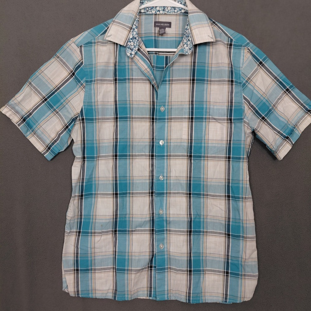 Van Heusen Boys Blue Plaid Short Sleeve Button‎ Down Shirt Medium Preppy Classic